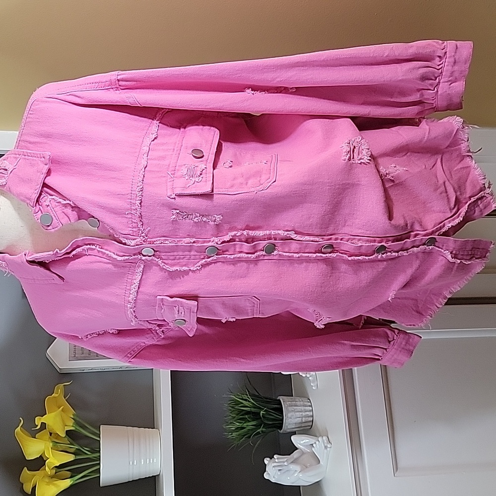 Distressed, button-down, long sleeve, shacket